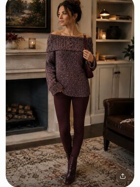 Caslon Burgundy Cowl Neck Sweater Alpaca Blend Chunky Sz Large On/Off Shoulder
